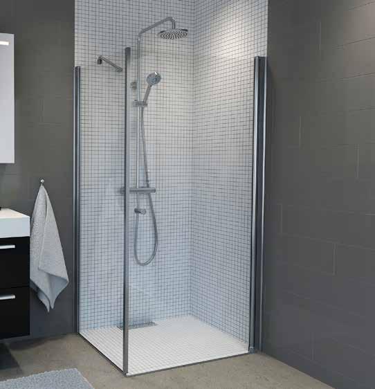 Velg derfor den løsningen som passer best for ditt bad. DUSJHJØRNE Avbildet dusjhjørne med 100 cm rett dusjdør + 70 cm fast glassfelt.
