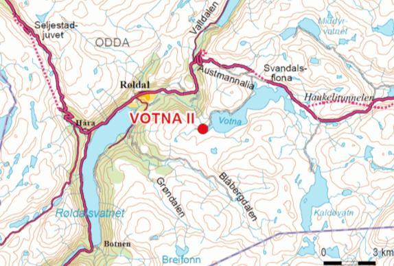 7. Dam Votna II Votna, eller Votnavatn, er en innsjø i Odda kommune i Hordaland. Innsjøen ligger rett øst for Røldal og vest for Haukelifjell på ca. 1000 meters høyde.