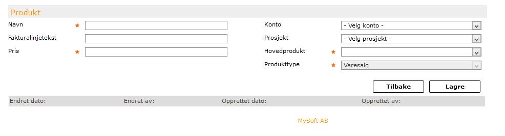 Feltforklaring: Navn: Kort identifisering av produktet, f.eks. «Varetelling» Fakturalinjetekst: Teksten som vises på faktura Pris: Pris pr. stk.