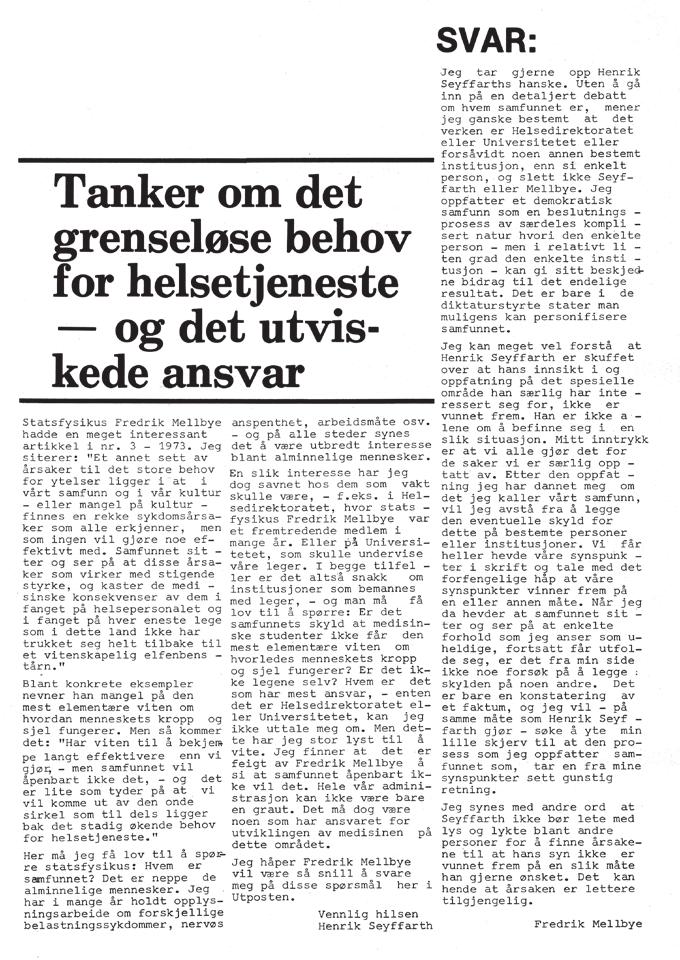 utpostens kavalkade Tanker om det grenseløse behov for helsetjeneste og det utviskede ansvar (1973, nr.