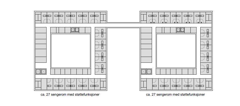 Tittel: Videreutvikling Aker og Gaustad - Konseptfase Aker - Steg 1 Side: 51 av 69 Sengebygningen for somatikk er utformet som tre sengebygg med gårdsrom på toppen av sokkelen.