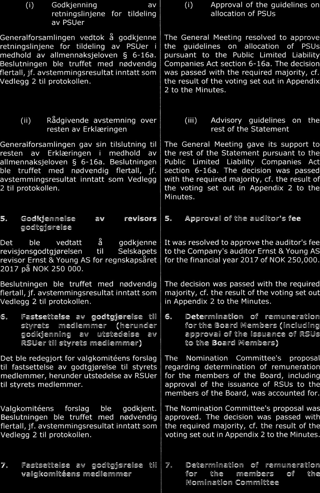 (i) Godkjenning av retningslinjene for tildeling av PSUer (i) Approval of the guidelines on allocation of PSUs Generalforsamlingen vedtok å godkjenne retningslinjene for tildeling av PSUer i medhold