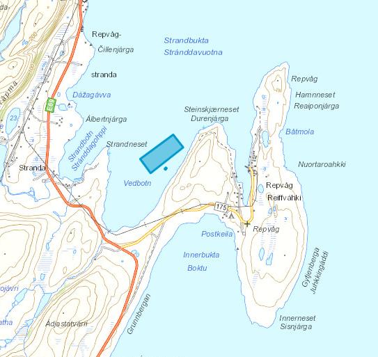 Illustrasjon av lokalitet Vedbotn (kartutklipp fra kystinfo) Lokalitetens beliggenhet er: Lokalitet Geografiske koordinat med desimalminutter (WGS 84 Euref 89) Vedbotn (N 70 45.074 Ø 25 37.