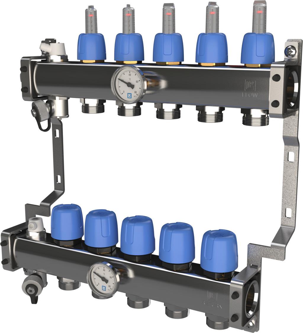 LK Varmefordeler RF Utførelse LK Varmefordeler RF er produsert i rustfritt stål og er tilgjengelig i utførelser fra 1 til 12 gulvvarmekretser. Varmefordeleren leveres ferdigmontert på konsoll.