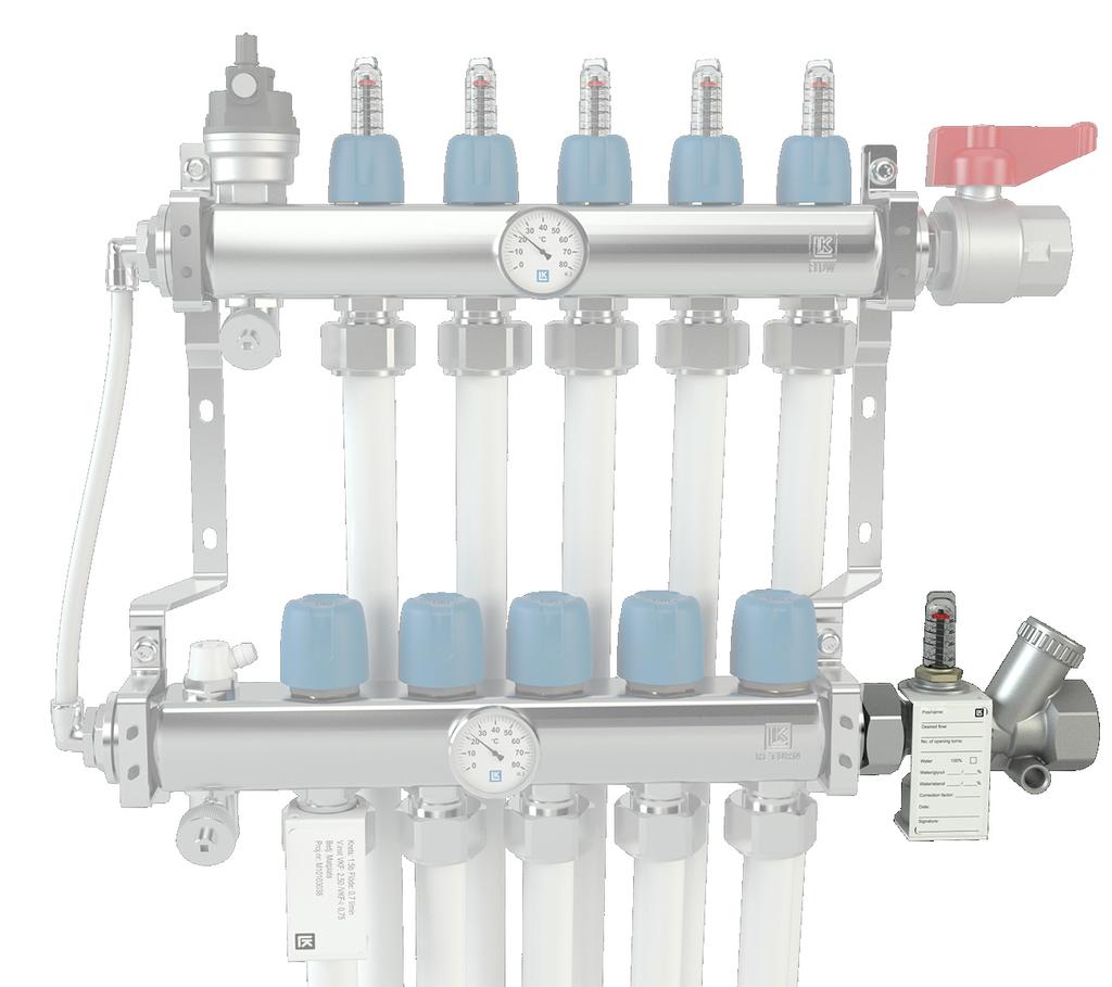 Justeringsventil På anlegg med to eller flere varmefordelere, eller ved tilkobling til blandede systemer, skal alle returledninger være utstyrt med justeringsventiler, f.eks. LK OptiFlow Evo II.