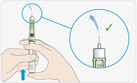 Dersom det kommer insulin ut av kanylespissen så virker pennen som den skal. Dersom det ikke kommer insulin ut: Det er mulig at du må gjenta dette steget inntil 3 ganger før du ser insulin.