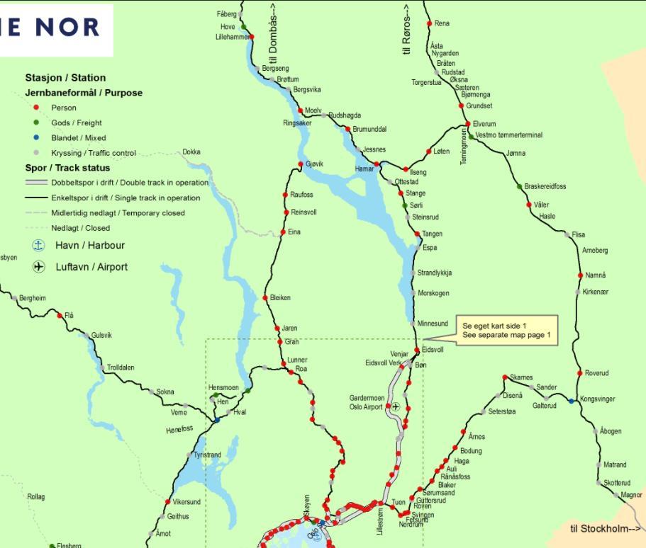 Kartet nedenfor gir en oversikt over linjenettet på Østlandet nord for Oslo: For passasjertransporten på bane er kapasitet i linjen og endenodene dimensjonerende for hva slags togtilbud som kan