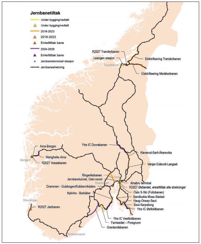 Anneks B: NTP-tiltak Nasjonal transportplan NTP 2018-2029 angir følgende banetiltak relevant for denne parsellen: Av særlig interesse for Oslo-Gjøvik er tiltak på Alnabru godsterminal, Arna-Bergen,
