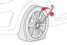 Hvis en feil oppstår Demontering av hjulet F Ta av etiketten som sitter midt i hjulet (som signalerer at et hjul skal repareres), og lim den inne i bilen i