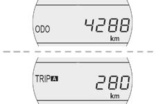 Instrumenter i bilen Indikatorer Kilomerteller/tripteller Drivstoffmåler Når tenningen er satt på, vil kilometertelleren som velges når motoren slås av, vises i displayet.