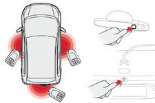 Åpninger Lukke bilen 2 Låsing F Med nøkkelen i en av registreringsonene, trykk på en av knappene som sitter på dørhåndtakene foran eller trykk på knappen på terskelen til bagasjerommet.