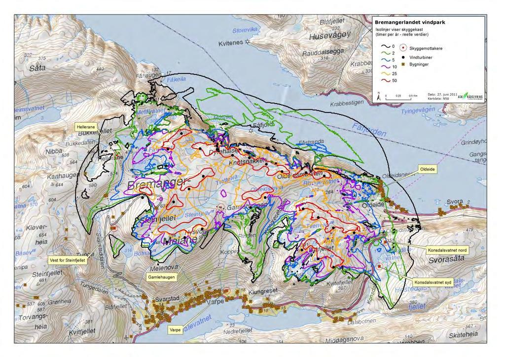 Bremangerlandet vindpark Figur 1. Isoskyggekartet viser skyggekastbelastning (t/år) ved Bremangerlandet vindpark. For høyoppløselig kart, se vedlegg. 3.