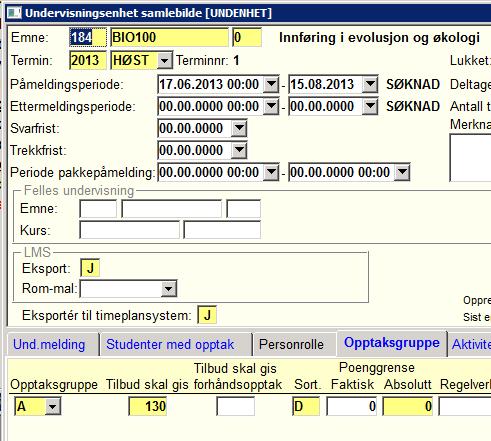 Timeplan i detaljer: a) Aktiviteter med samme ukedag, tidspunkt, rom og foreleser skal alle legges inn under ett und.plannr. NB! Hak av for uker husk å fjern for helligdager/undervisningsfrie dager!