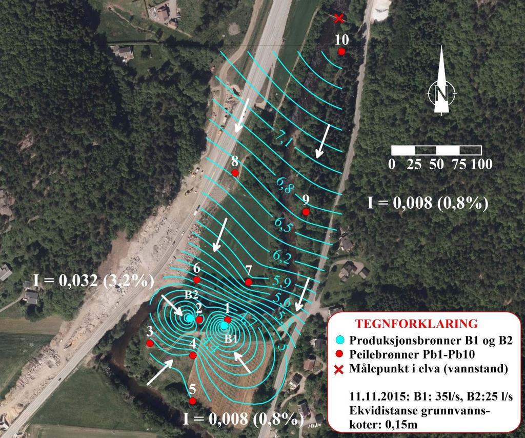 Søknad om uttak av grunnvann fra løsmasser fra Heimernesan grunnvannsanlegg(2) 26 Strømningsbildet i figur 18 viser situasjonen ved uttak av 60 l/s (B1: 35 l/s og B2: 25 l/s) den 11.11.2016.