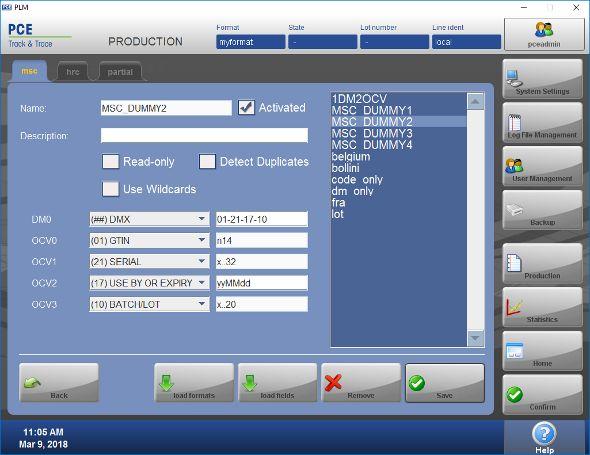 3 Trykk last formater Laster apparatformater som er lagret i kameraer, printere og andre tilkoblede apparater i PCE Line Manager. 4 Velg enhetsformatet du vil bruke i linjeformatet.