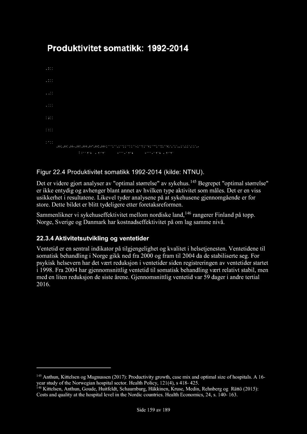 Figur 22.4 Produktivitet somatikk 1992-2014 (kilde: NTNU). Det er videre gjor t analyser av " optimal størrelse " av sykehus.