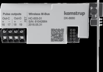 8.10 Wireless M-Bus + pulsutganger, type HC-003-31* Den wireless M-Bus-modulen er utformet for å være en del av Kamstrups håndholdte Wireless M-Bus Reader System, som opererer innenfor det