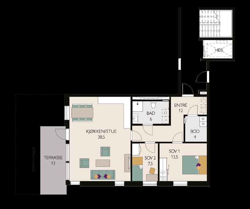 3roms 86,5 m2 BRA Romslig terrasse og stor uteplass mot vest Stue med åpen kjøkkenløsning og spiseplass 2