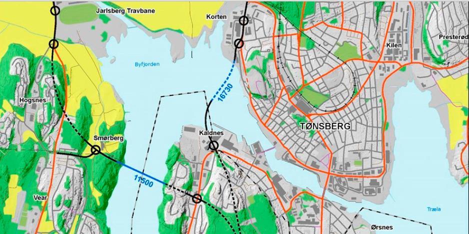 Figur 3 Anbefalte løsninger til fastlandsforbindelse (Bypakke Tønsbergregionen, 2017b) II: Nullvekstmålet Det forventes både befolkningsvekst og trafikkøkning i Tønsberg-regionen, og dette må