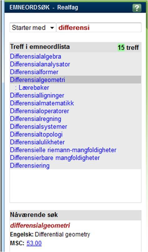 Figur 5: Valg av differensialgeometri viser MSC-koden 53.00.