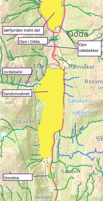 Figur 6-1. Oversiktskart over aktuelle vannforekomster. Bearbeidet etter kart hentet fra www.miljostatus.no. 6.1.1. Opovassdraget Vassdraget ligger i økoregion Vestlandet, i vannområde Hardanger, i Hordaland vassregion.