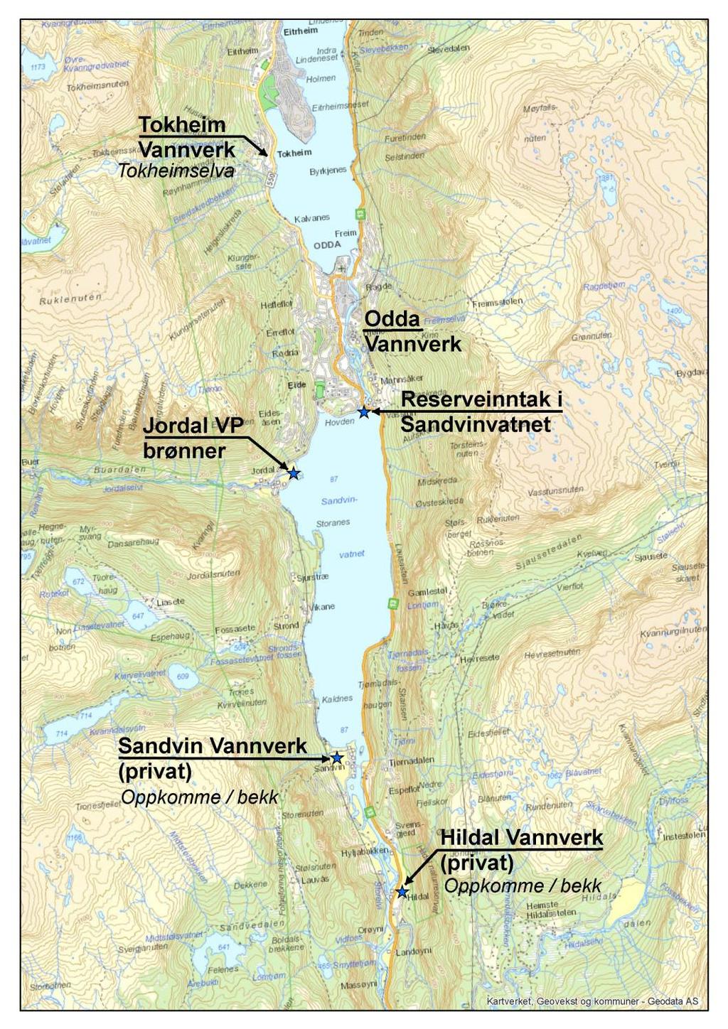 6.1.4. Drikkevannsforsyning Hovedkilden for Odda vannverk er grunnvannsbrønner i løsmasser på Jordal (grunnvannsforekomst Odda sentrum 048-1026-G) (se Figur 6-3).