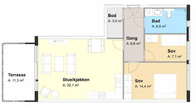 LEILIGHET NR 5-303 STR. BRA: 71,9 KJØPESUM: 3.200.00,- Denne leiligheten rommer to soverom, et bad og åpen stue- og kjøkkenløsning. Den ligger i bygg 5 og har funnet sin plass i tredje etasje.