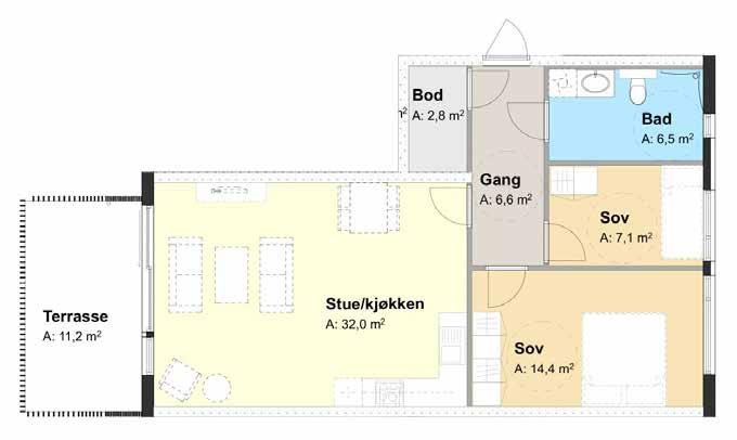 LEILIGHET NR 5-402 STR. BRA: 71,6 KJØPESUM: 3.300.00,- På 71,6 kvadratmeter kan du bo rimelig med rentekostnader fra 3.476 kroner i måneden med finansiering gjennom Husbanken.