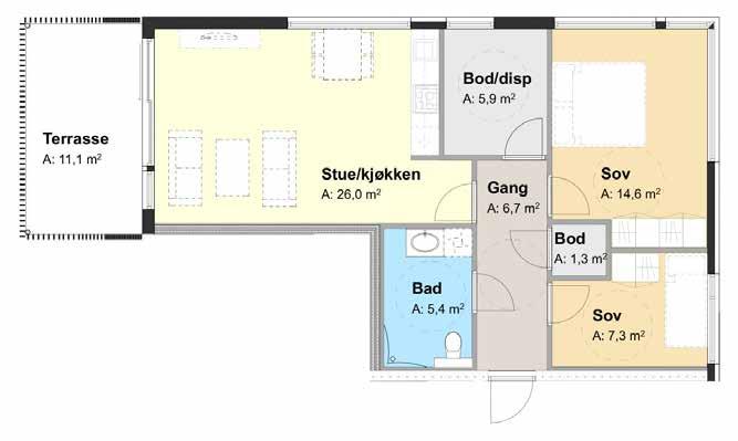 LEILIGHET NR 4-201 STR. BRA: 70,1 KJØPESUM: 3.050.00,- En flott leilighet på romslige 70,1 kvadratmeter i bygg 4 med beliggenhet i andre etasje.