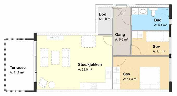 LEILIGHET NR 5-203 STR. BRA: 71,9 KJØPESUM: 3.050.00,- I bygg 5 finner vi en 71,9 kvadratmeter stor leilighet i byggets andre etasje. Her får du to soverom, et bad og åpen stue- og kjøkkenløsning.