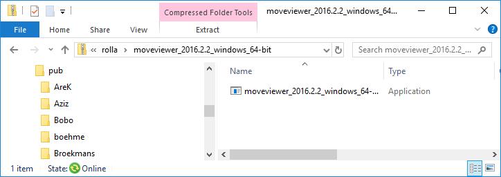 Figur 2: Etter å klikke på den MOVEVIEWER mappen ser man dette vinduet. Dobbeltklikk på applikasjonsfilen og følg instruksjonene for å installere MOVEVIEWER. Dobbeltklikk på moveviewer.