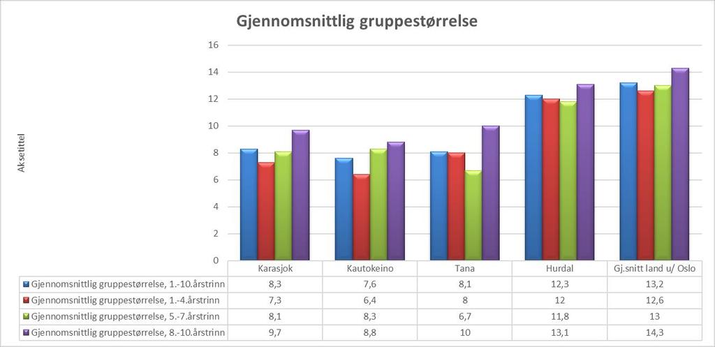 For barne- og ungdomstrinnet samlet viser denne indikatoren at Karasjok har et gjennomsnitt på 8,3 elever pr gruppe, noe som er middels i utvalget, men vesentlig lavere enn Hurdal som ligger høyest