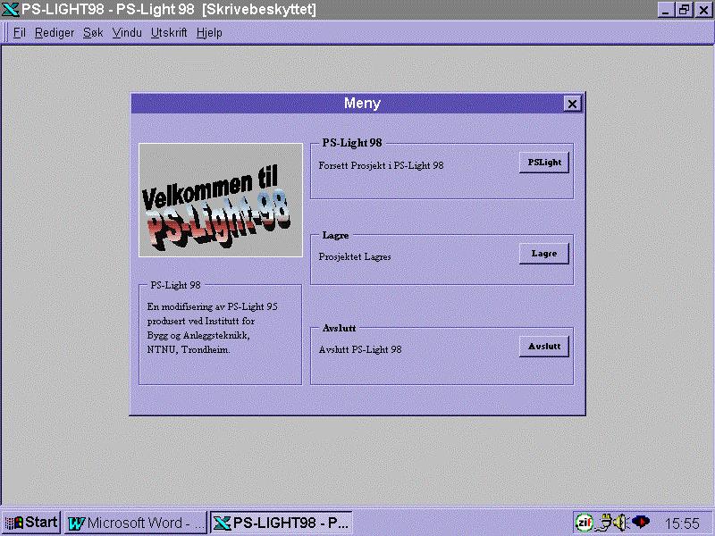 Hjelp: Kort informasjon om bakgrunnen til programmet Avslutt: Lukker PS-Light 3.4.2 'Meny' Figur 3.
