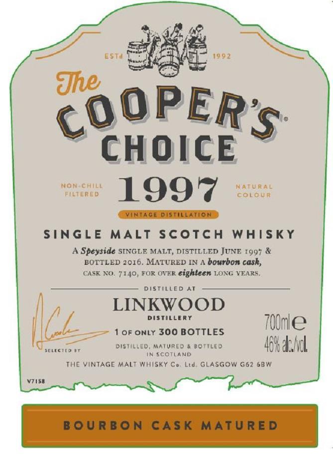 Coopers Choice Linkwood 1997 18 yo #7140 Destillert i juni 97, tappet i 2016. Lagret ex-bourbon fat nr 7140 i over 18 år Farge: Lys gylden Nese: Fersk sitron og grønne epler.