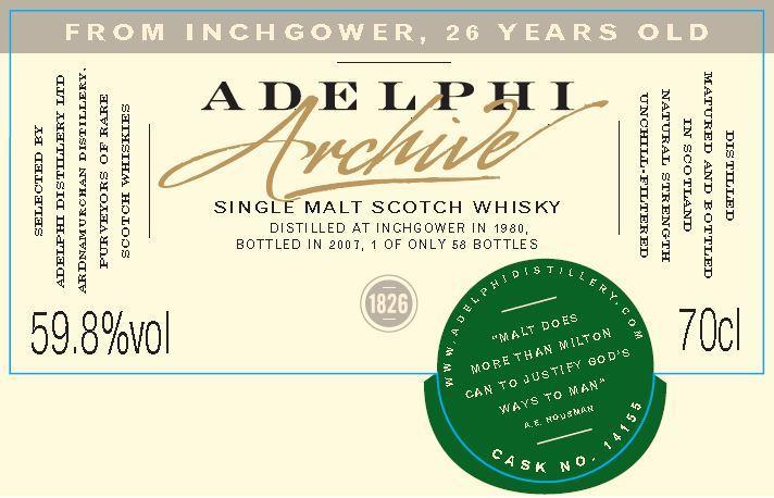 Adelphi Archive Inchgower 1980 26 yo #14155 Destillert i 1980 på Inchgower lagret på et 1st fill ex-sherry fat, tappet på 75 cl for USA sommeren 2007 av Adelphi.