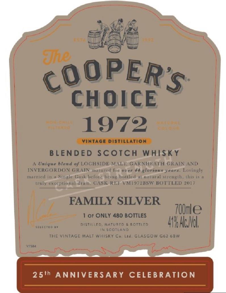 Coopers Choice 1972 Family Silver 25th Anniversary Cask Strength Jubileumstapping for Vintage Malt 25 år, alle fra 1972.