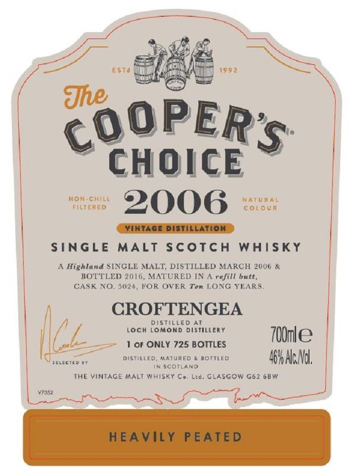 Coopers Choice Croftengea 2006 10 yo #5024 Heavily Peated Destillert på Loch Lomond av peated bygg i mars 2006, tappet i 2016.