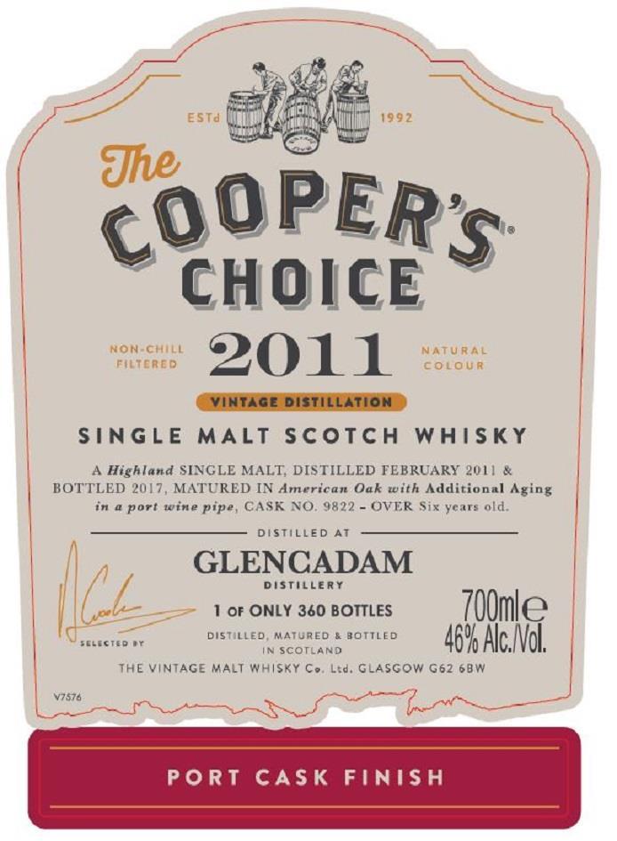 Coopers Choice Glencadam 2011 6 yo #9822 Port cask finish Destillert i februar 11, tappet i 2017.
