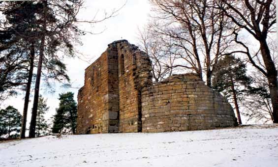 STEIN KIRKERUIN Ruiner av Stein kirke fra siste halvdel av 1100-tallet. Foto: Jan Fredrik Hornemann, 1999. Ruinene av Stein kirke ligger blant husene på Stein gård, bare 330 meter fra Halvdanshaugen.