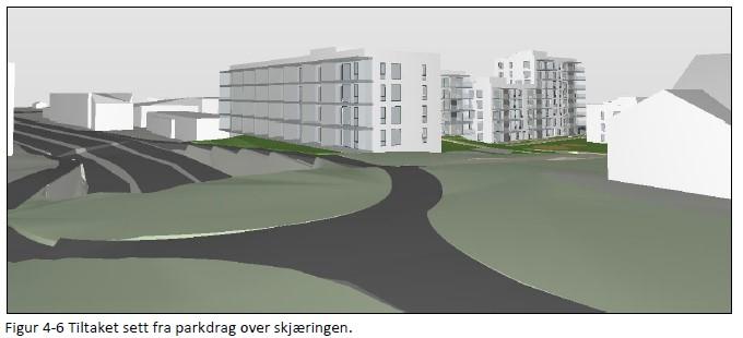 I dette området hadde en jevnere høyde på bebyggelsen vært det beste. Denne blokken har også uheldig skyggevirkning for areal nær Parkveien.