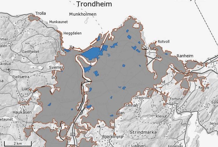 SOSI Produktspesifikasjon - 9 - Figur: Tettsteder (grå figurer) og sentrumssoner (blå figurer) i og rundt Trondheim kommune, pr 1.1.2016 Pr 1.1.2016 var det 6 tettsteder innenfor grensene til Trondheim kommune.