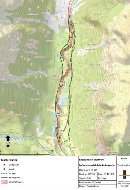 3 Skeidsflåten kraftverk Figur 9: Detaljert kart Kraftverket vil nytte fallet i Bøyaelvi i Bøyadalen mellom inntaket på høgde 120 moh og kraftstasjonen på høgde 35 moh.