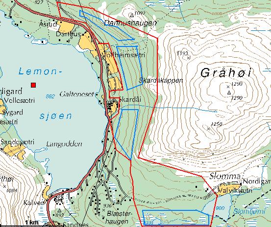 1 2 3 Figur 6.1.1 Kart over område 6.1 Darthuslia. Røde grenser markerer undersøkelsesområdet. Blå grenser markerer kjerneområder. Geologi Området har komplekse geologiske forhold.