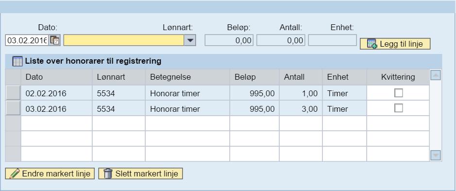 Legg deretter inn timesatsen på beløp og antall timer. Dersom det er avtalt et fast beløp for oppdraget, ikke en timesats, kan lønnart 5535 Honorar benyttes.