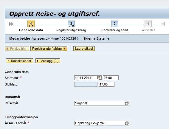 Startdato og tidspunkt (klokkeslett) må fyllest ut riktig, det er dette som styrer kostgodtgjøringen. Reisemål er destinasjonen for reisen, eksempelvis «Trondheim».