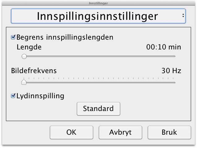 8.4.3.4 Opptaksinnstillinger Begrenset innspillingstid Videoinnspillingen kan begrenses i steg fra 10 sekunder opp til 10 minutter.