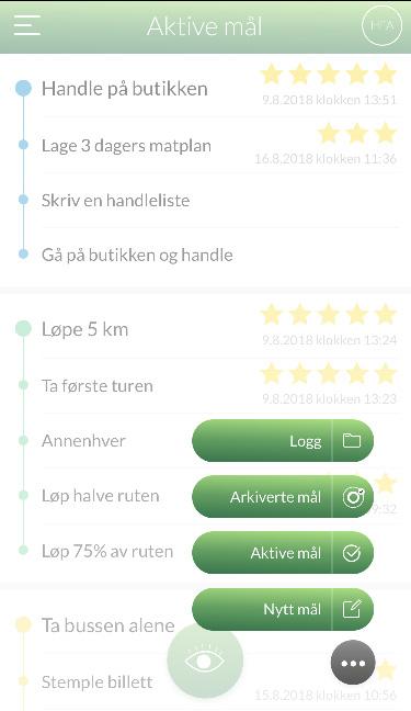 Meny Hvis du går inn på menyen fra forsiden kommer det fire valgmuligheter: Logg (se mer side 12) Arkiverte mål Aktive mål Nytt mål ( se side 8) Arkiverte mål Her