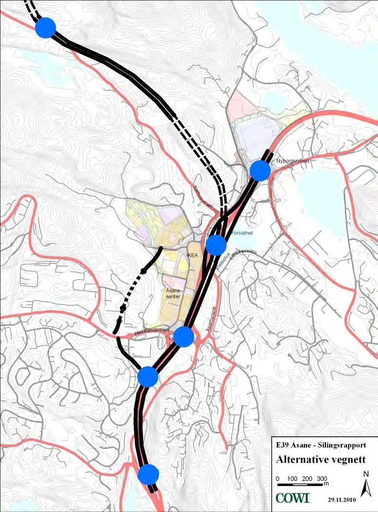 forskjellig grad Disse er vist i figur 14 og er: Horisontal justering av E39/E16 Vertikal justering av E39/E16 Tertneskryss Hesthaugkryss eller Stamskarkryss Lokalveg i tunnel vest for Åsane sentrum