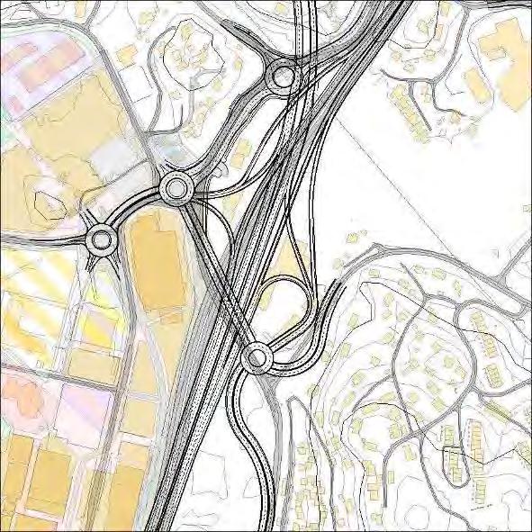 kryss der ramper fra E39 og E16 koples til Åsamyrane i rundkjøringer på begge sider av motorvegen I løsningen gis nordgående trafikk bare ett felt på E16 Dette er valgt da løsningen i utgangspunktet