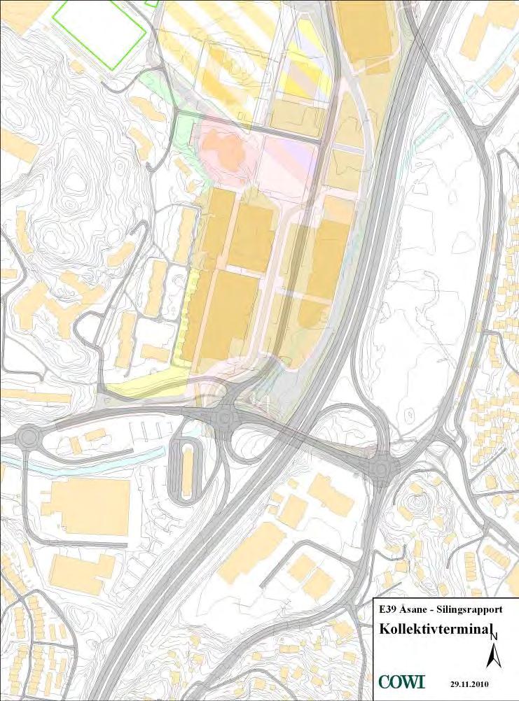 E39 - Åsane - Silingsrapport - forprosjekt til reguleringsplan 30 727 Kollektivtrafikk Dagens kollektivterminal ligger sør for Åsane sentrum I figur 22 vises også trasé for fremtidig bybane gjennom